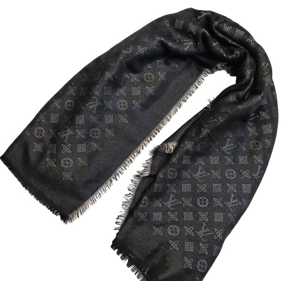 LOUIS VUITTON LV Vintage Black & Silver Cashmere Monogram Scarf Shawl Wrap - Picture 3 of 16